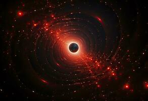 cósmico monitor de galaxias y planetas en sombras de ligero rojo y negro. ai generado foto