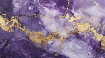 resumen púrpura mármol textura con dorado salpicaduras lujo antecedentes. ai generado foto