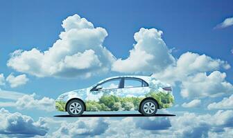 Eco-Friendly Car and Nature on a Blue Sky with Clouds. Nature-Inspired Transportation. AI Generated photo
