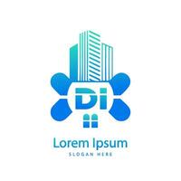 modern DI letter real estate logo in linear style with simple roof building vector