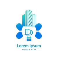 modern DD letter real estate logo in linear style with simple roof building vector