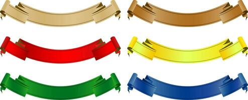 a set of six colorful ribbons elements isolated white backgrounds for decks, collages, scene designs, User interface, Branding or identity campaigns, Stationery prints layouts, Presentations materials vector