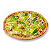 Thin pizza on yogurt base with mozzarella, chicken, tomatoes, red beans, quail eggs, lettuce png