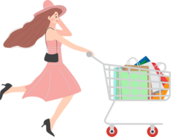 Woman shopping while running holding a shopping cart png