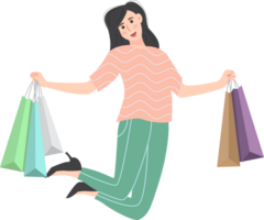 Woman jumping while holding shopping bags png