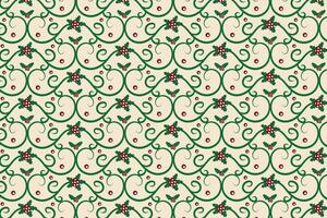 Christmas flourishes swirls holly leaves Seamless Pattern, winter vibes berry leaf modern Christmas pattern, holiday green ornate Christmas pattern, wrapping paper holiday holly printing fabric vector