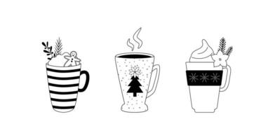 Linear Christmas mugs with hot drinks, cream and gingerbread. Line art. Doodles. Coloring book. vector