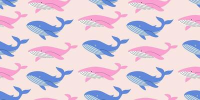 Blue and pink whales seamless pattern. Sea animal. Undersea life. World whale day. Baby nursery. Background, banner, digital paper, wallpaper. vector
