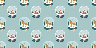 Snow globes with indeer, winter houses and Christmas trees inside. Winter magic seamless pattern.  Christmas and New year. Banner, background, digital paper, wrapping paper. vector