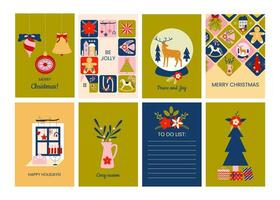 Modern vintage Merry Christmas cards. Set of New year greeting cards. Scandinavian winter holidays. Christmas tree, Santa, horse, balls, flowers, houses, gifts, snowflakes. Winter fairy tale. vector