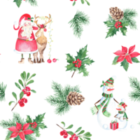 Christmas hand drawn seamless pattern with Santa Claus with and reindeer, cute snowman family and winter plants. Forest pine branches with cone, holly with red berries, poinsettia and cowberry. png