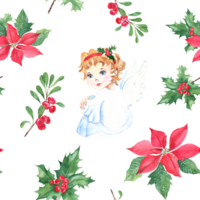 Natal mão desenhado desatado padronizar com anjo e inverno plantas. azevinho com vermelho bagas, vermelho poinsétia e airela ou lingonberry. para tecido ou têxtil impressões, presente embalagem papel. png