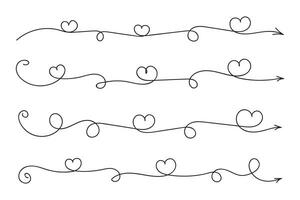 Hand drawn Thin continuous line lovely hearts style curved arrow vector, one line left right direction love sign with pen arrows, Minimalistic Outline single line way decorations decorative element vector