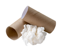 Single white screwed or crumpled tissue paper or napkin in strange shape after use in toilet or restroom with tissue paper cores in stack isolated with clipping path in png file format