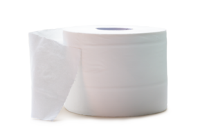 Single roll of white tissue paper or napkin prepared for use in toilet or restroom isolated with clipping path and shadow in png file format