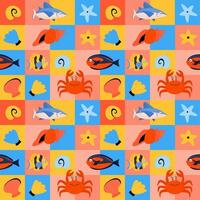 Seamless pattern with marine animals and ocean creatures, bright colorful cube background for nautical themed designs. vector