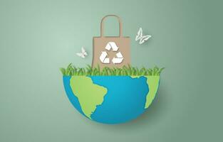 Paper art style of paper bag with recycling symbol on earth, save the planet and recycle for environment concept. vector