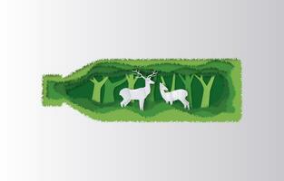 Paper art style of a bottle of water with trees and deers inside, eco friendly and recycle concept. vector