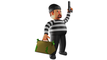 3D illustration. Big Thief 3D Cartoon Character. The thief ran away carrying a bag full of money. The thief made off with the stolen money while carrying a gun. 3D cartoon character png