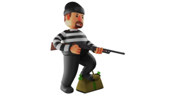 3D illustration. Tough Thief 3D Cartoon Character. The thief stands with one foot on a bag full of money. The criminal was cocking his long barrel to guard against attack. 3D cartoon character png