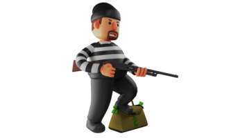 3d Illustration. zäh Dieb 3d Karikatur Charakter. das Dieb steht mit einer Fuß auf ein Tasche voll von Geld. das kriminell war spannen seine lange Fass zu bewachen gegen Attacke. 3d Karikatur Charakter png