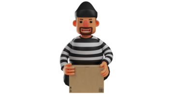 3D illustration. Thief 3D Cartoon Character. A fierce thief who carries away his stolen goods. Criminal faces forward and shows a frightening expression to anyone. 3D cartoon character png