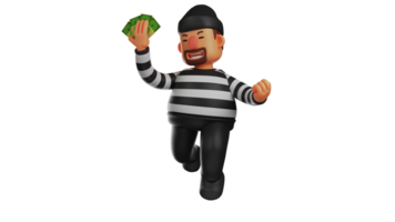 3D illustration. Vibrant Villain 3D Cartoon Character. The thief clenched his fists and smiled happily. The thief is happy because he managed to steal a lot of money. 3D cartoon character png