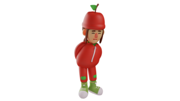 3D illustration. Sweet Fruit Girl 3D Cartoon Character. Fruit girl bent down and placed her hands behind her body. Girl wearing a red fruit costume smiled shyly and looked cute. 3D cartoon character png