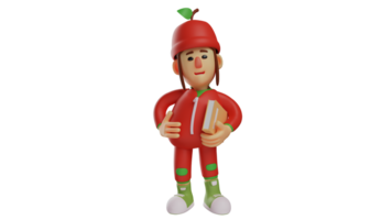 3D illustration. Little Girl 3D Cartoon Character. Fruit girl standing while carrying a book. Student is ready to learn. Smart fruit girl ready to learn new things. 3D cartoon character png