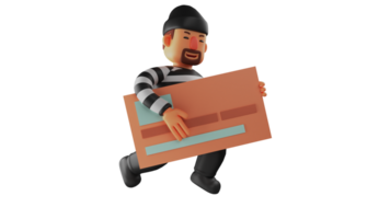 3D illustration. Dexterous Thief 3D Cartoon Character. The thief managed to get an important card. The thief ran carrying the giant wallet he had stolen. 3D cartoon character png