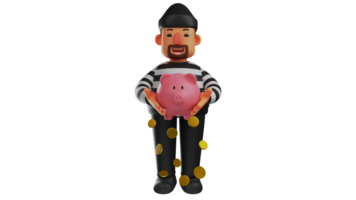 3d Illustration. gut Dieb 3d Karikatur Charakter. ein Dieb Wer hat ein gut Herz und Likes zu speichern. das Dieb steht während halten das Schweinchen Bank mit beide Hände. 3d Karikatur Charakter png