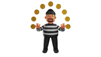 3D illustration. Thief 3D Cartoon Character. The thief raised both hands. Thief surrounded by gold coins. The thief smiled. Thief in black and white clothes. Hardened criminal. 3D cartoon character png