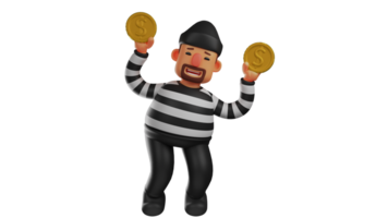 3D illustration. Sweet Thief 3D Cartoon Character. The thief raised the two gold coins he was holding. Happy smiling thief. The criminals succeeded in carrying out their actions. 3D cartoon character png