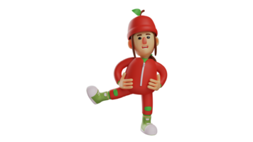 3D illustration. Fruit Girl 3D Cartoon Character. The agile fruit gadget is doing gymnastics. Adorable fruit girl lifts one leg and puts her hand on her waist. 3D cartoon character png