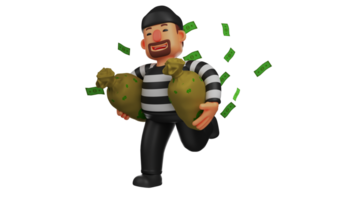 3D illustration. Enterprising Thief 3D Cartoon Character. Thief ran away carrying two bags full of money. Thief ran and the money flew. Criminal managed to launch the contents. 3D cartoon character png