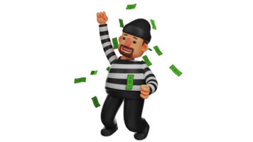 3D illustration. Happy Villain 3D Cartoon Character. Thieves dance under flying money. A laughing thief celebrates his success in committing a crime. 3D cartoon character png