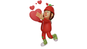 3D illustration. Fruit Girl 3D Cartoon Character. Romantic fruit girl standing holding love symbol. Student wearing red fruit costume and showing happy expression. 3D cartoon character png