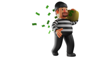 3D illustration. Handsome Thief 3D Cartoon Character. Cool thief who carries a bag full of money on his shoulder. Thief walks while smiling, indicating that his heart is happy. 3D cartoon character png