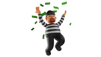 3D illustration. Rich Villain 3D Cartoon Character. The thief spread both his arms while laughing happily. The thief stands under a scattering of flying money. 3D cartoon character png