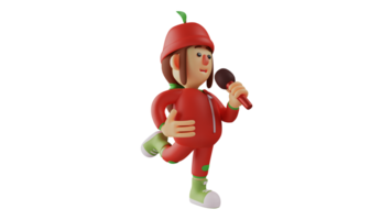 3d Illustration. talentiert Obst Mädchen 3d Karikatur Charakter. das Obst Mädchen sang und angehoben einer Bein zurück. das Obst Mädchen sieht aus heiter und genießt das Singen sie führt. 3d Karikatur Charakter png