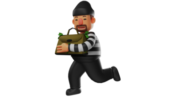 3D illustration. Happy Villain 3D Cartoon Character. The thief ran while holding the bag containing the stolen money. The criminal smiled because he managed to get a lot of money. 3D cartoon character png