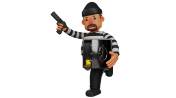 3D illustration. Entertaining Thief 3D Cartoon Character. The thieves managed to make off with a safe containing gold. The thief ran away while brandishing a gun as a precaution. 3D cartoon character png