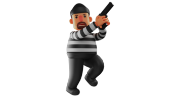 3d illustration. kriminell 3d tecknad serie karaktär. en kriminell vem ansikten attacker från andra vem vilja till fånga honom. de kriminell innehar de pistol och poäng den fram. 3d tecknad serie karaktär png