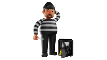3D illustration. Calm Thief 3D Cartoon Character. The thief managed to open a safe. The thief showed a relieved expression because he managed to open the gold safe using a knife. 3D cartoon character png