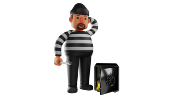 3D illustration. Calm Thief 3D Cartoon Character. The thief managed to open a safe. The thief showed a relieved expression because he managed to open the gold safe using a knife. 3D cartoon character png