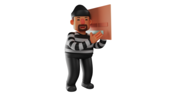 3D illustration. Clever Thief 3D Cartoon Character. The thief walked quietly and hid his face behind his wallet. The thief cheats everyone he meets. 3D cartoon character png