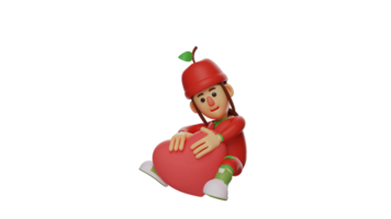 3d ilustração. legal fruta menina 3d desenho animado personagem. pequeno menina vestindo uma vermelho fruta fantasia. fofa pequeno menina é sentado enquanto abraçando uma amor símbolo. 3d desenho animado personagem png