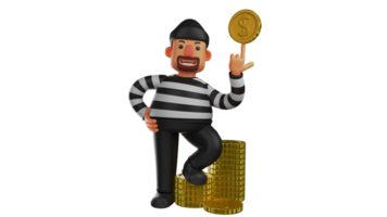 3D illustration. Great Villain 3D Cartoon Character. Thief standing next to gold coins pile. Thief played with one gold coin with one finger. 3D cartoon character png