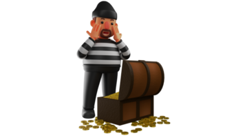 3D illustration. Shocked Thief 3D Cartoon Character. Thieves managed to find treasure. A thief stood in front of an open treasure and showed a surprised expression. 3D cartoon character png