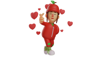 3d ilustração. romântico fruta menina 3d desenho animado personagem. fruta menina mostra a símbolo do amor usando dela dedo. menina dentro fruta traje cercado de amor símbolos. 3d desenho animado personagem png